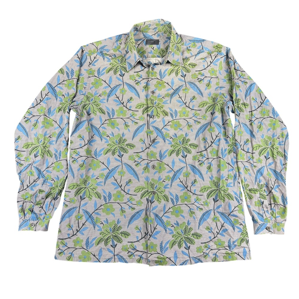 Prada Vintage Botanical Floral Pinstripe Shirt Mens 43 17 Made in Italy Green